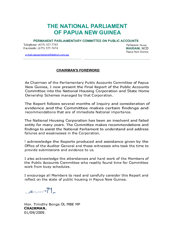Inquiry into the National Housing Corporation and State Home Ownership
